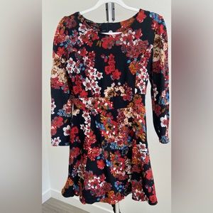 Black Red Orange Blue Floral Long Sleeve Scoop neck A-Line Sweater Mini Dress